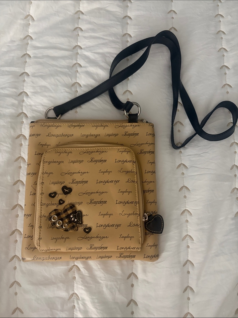 Longaberger Tan Logo Crossbody Bag with Heart Charm